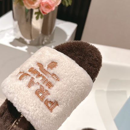 PRADA 25S FLAT MULES IN WHITE AND DARK BROWN RABBIT FUR