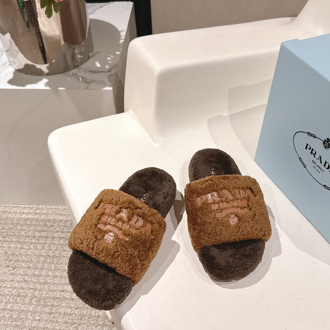 PRADA 25S FLAT MULES IN DARK BROWN RABBIT FUR