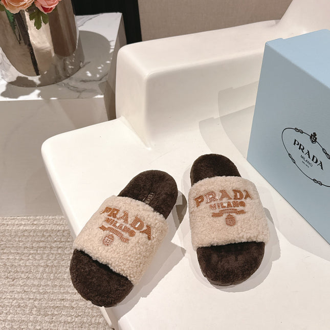 PRADA 25S FLAT MULES IN CREAM AND DARK BROWN RABBIT FUR