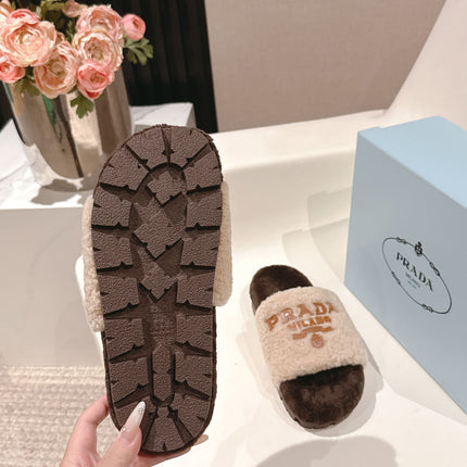 PRADA 25S FLAT MULES IN CREAM AND DARK BROWN RABBIT FUR