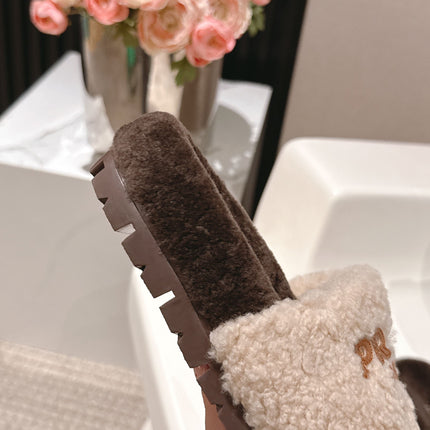 PRADA 25S FLAT MULES IN CREAM AND DARK BROWN RABBIT FUR