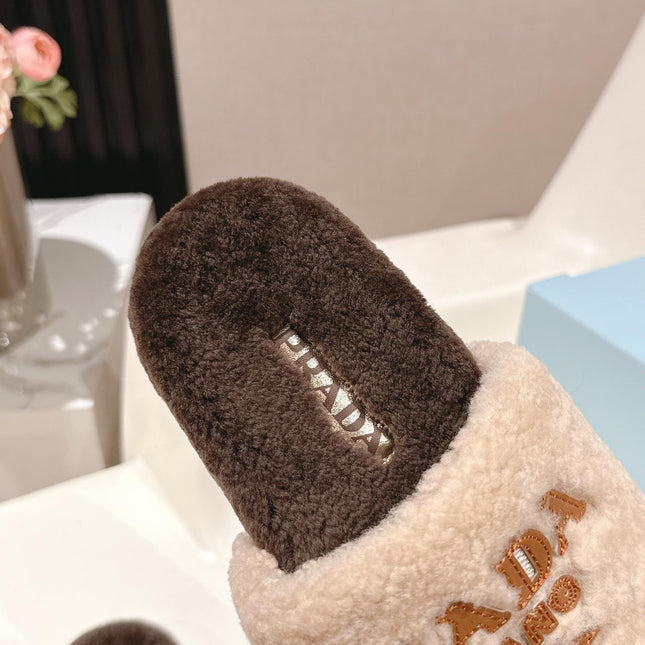 PRADA 25S FLAT MULES IN CREAM AND DARK BROWN RABBIT FUR