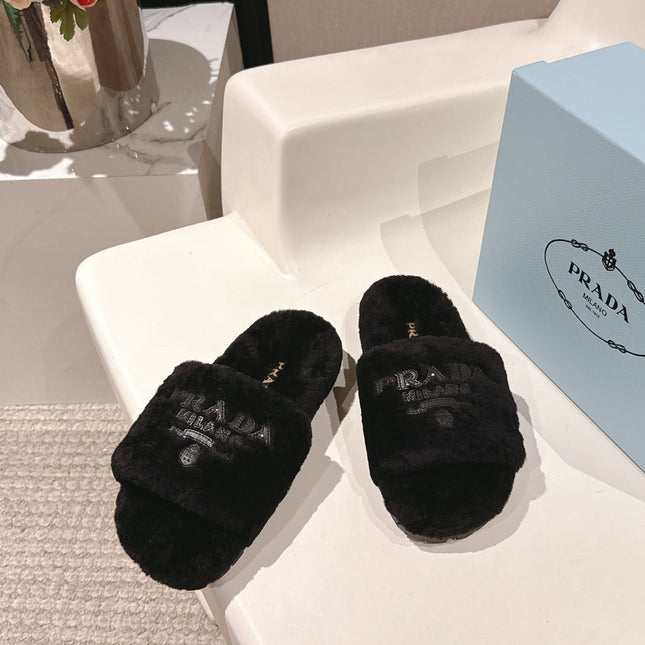 PRADA 25S FLAT MULES IN BLACK RABBIT FUR