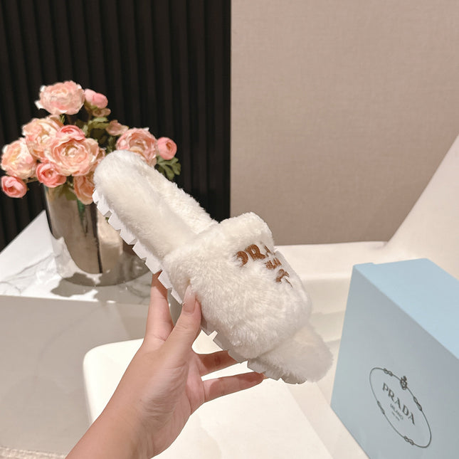 PRADA 25S FLAT MULES IN WHITE RABBIT FUR
