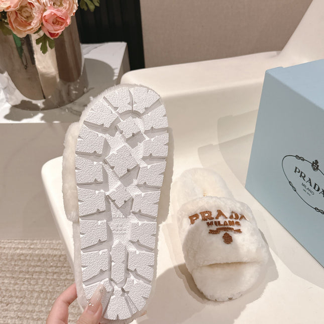 PRADA 25S FLAT MULES IN WHITE RABBIT FUR