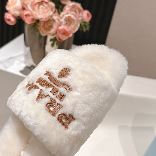PRADA 25S FLAT MULES IN WHITE RABBIT FUR