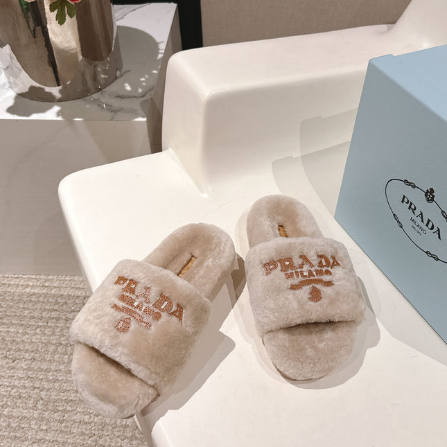 PRADA 25S FLAT MULES IN WARM TAUPE RABBIT FUR