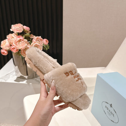 PRADA 25S FLAT MULES IN WARM TAUPE RABBIT FUR