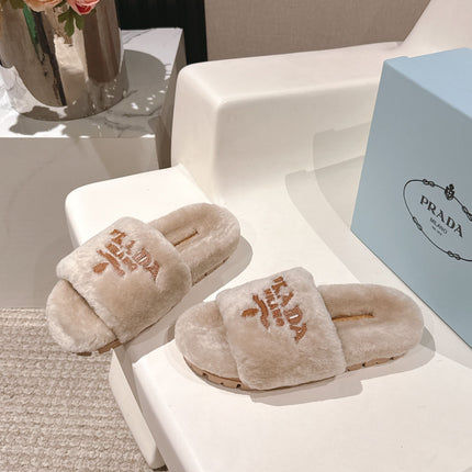 PRADA 25S FLAT MULES IN WARM TAUPE RABBIT FUR