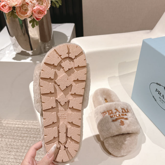 PRADA 25S FLAT MULES IN WARM TAUPE RABBIT FUR