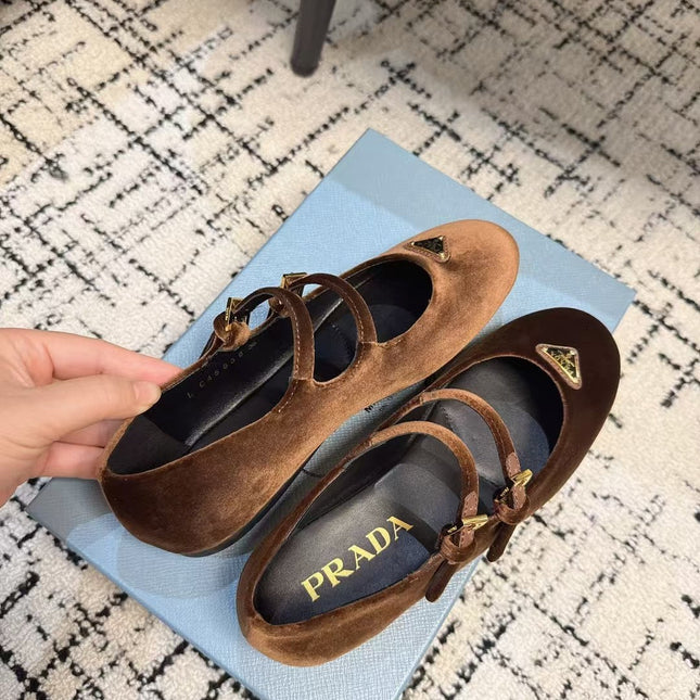 MARY JANE FLAT WITH TRIANGLE LOGO IN RUSSET BROWN VELVET