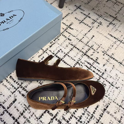MARY JANE FLAT WITH TRIANGLE LOGO IN RUSSET BROWN VELVET