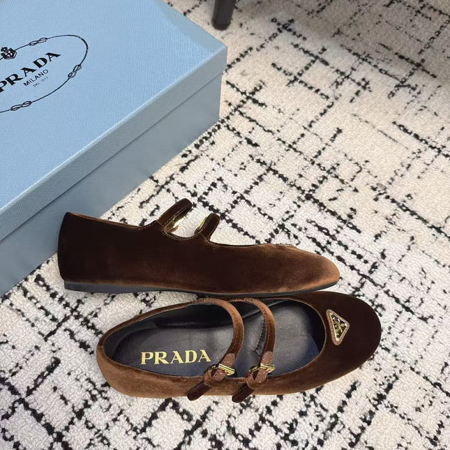 MARY JANE FLAT WITH TRIANGLE LOGO IN RUSSET BROWN VELVET