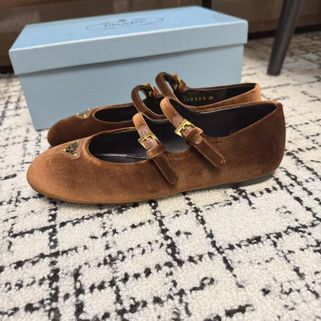 MARY JANE FLAT WITH TRIANGLE LOGO IN RUSSET BROWN VELVET