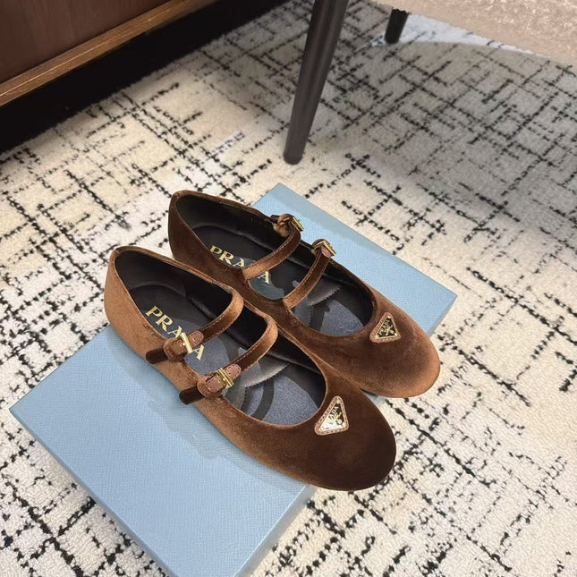 MARY JANE FLAT WITH TRIANGLE LOGO IN RUSSET BROWN VELVET
