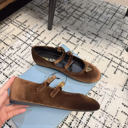 MARY JANE FLAT WITH TRIANGLE LOGO IN RUSSET BROWN VELVET
