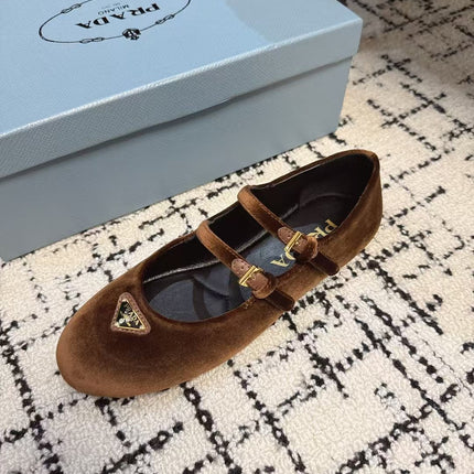 MARY JANE FLAT WITH TRIANGLE LOGO IN RUSSET BROWN VELVET