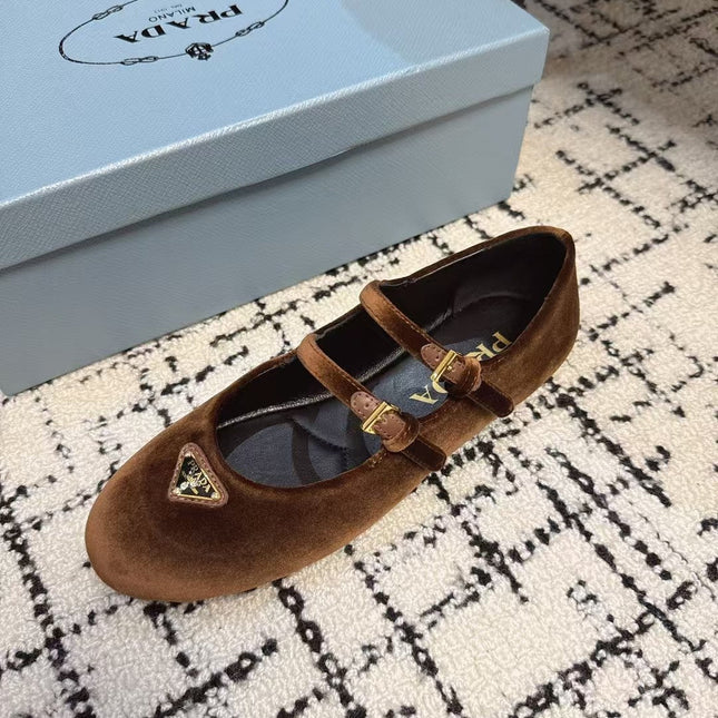 MARY JANE FLAT WITH TRIANGLE LOGO IN RUSSET BROWN VELVET