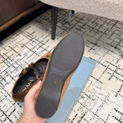 MARY JANE FLAT WITH TRIANGLE LOGO IN RUSSET BROWN VELVET