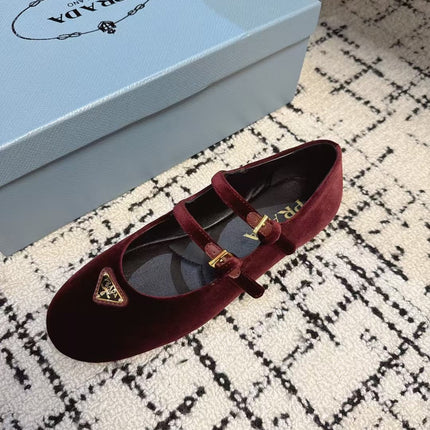 MARY JANE FLAT WITH TRIANGLE LOGO IN SANGRIA RED VELVET