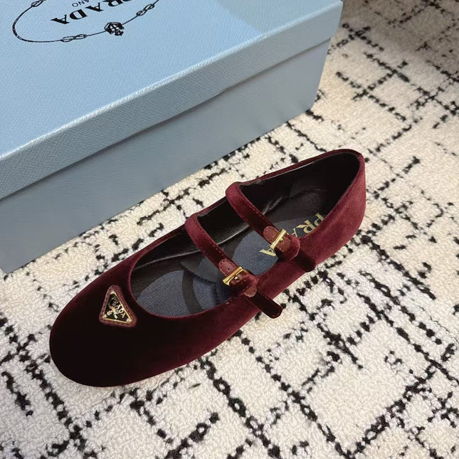 MARY JANE FLAT WITH TRIANGLE LOGO IN SANGRIA RED VELVET