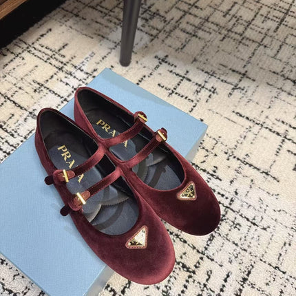 MARY JANE FLAT WITH TRIANGLE LOGO IN SANGRIA RED VELVET