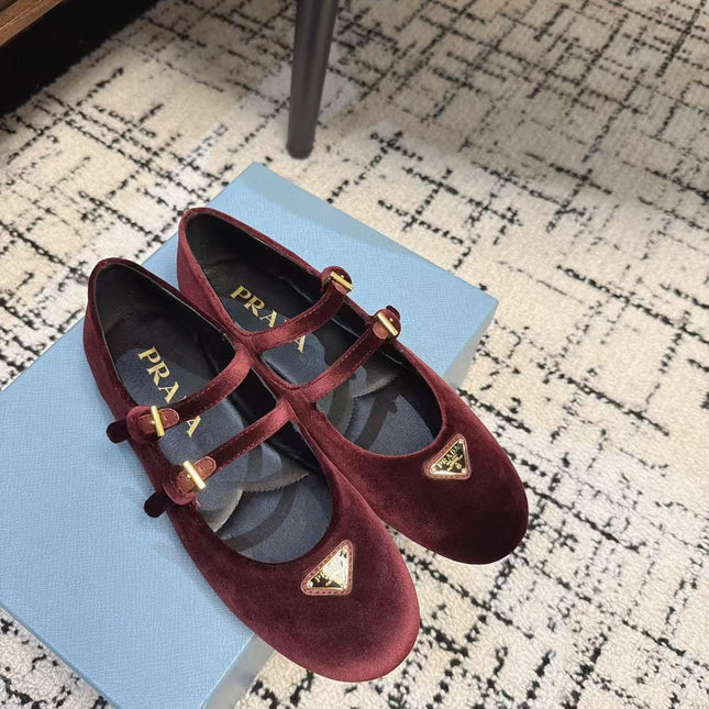 MARY JANE FLAT WITH TRIANGLE LOGO IN SANGRIA RED VELVET