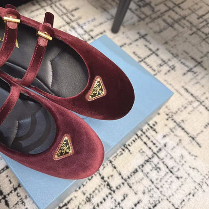 MARY JANE FLAT WITH TRIANGLE LOGO IN SANGRIA RED VELVET