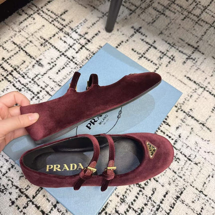 MARY JANE FLAT WITH TRIANGLE LOGO IN SANGRIA RED VELVET