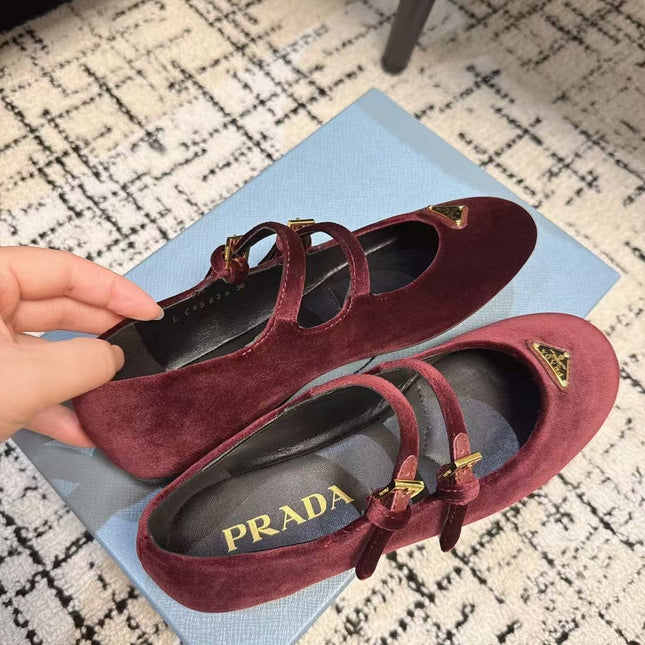 MARY JANE FLAT WITH TRIANGLE LOGO IN SANGRIA RED VELVET