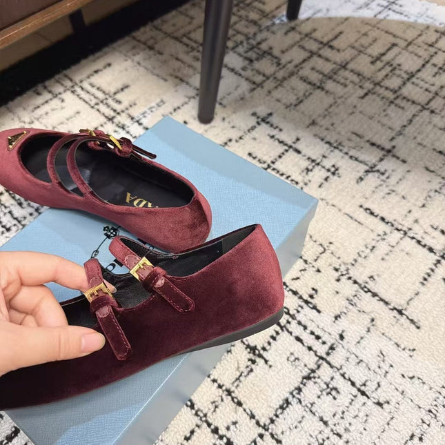 MARY JANE FLAT WITH TRIANGLE LOGO IN SANGRIA RED VELVET