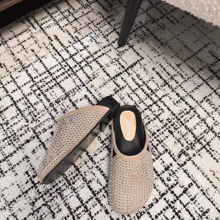 FLAT MULE IN LIGHT BROWN SUEDE WITH CRYSTALS