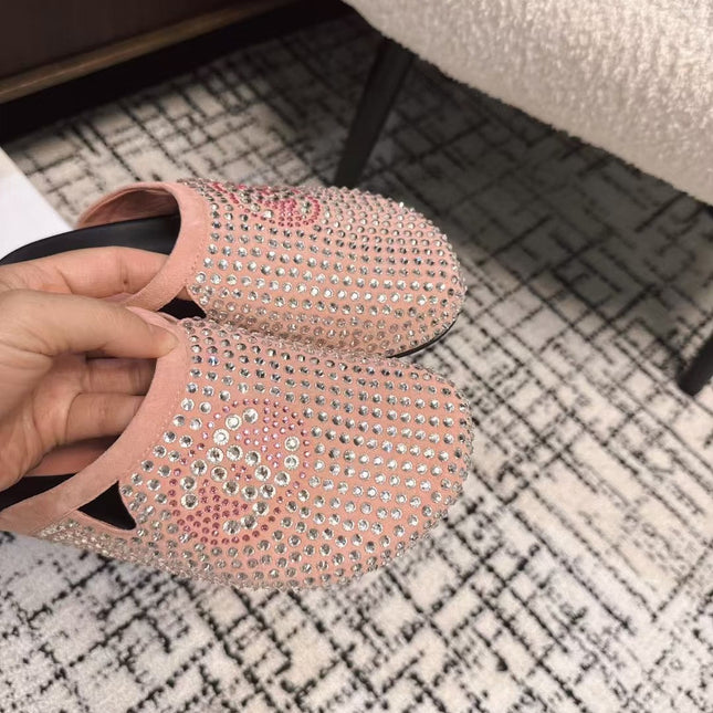 FLAT MULE IN LIGHT PINK SUEDE WITH CRYSTALS