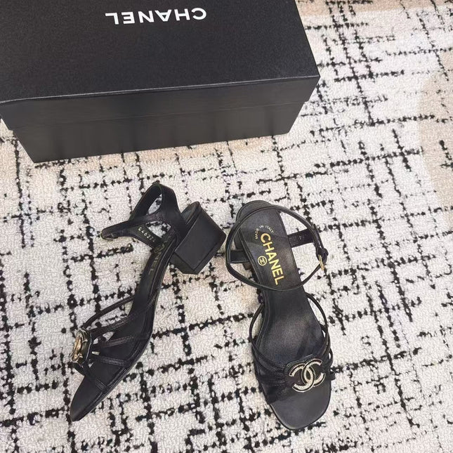 MID HEEL SANDALS IN BLACK LAMBSKIN