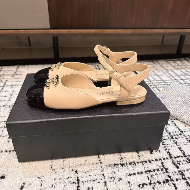 FLAT SLINGBACKS IN MACAROON BEIGE MIX BLACK CALFSKIN