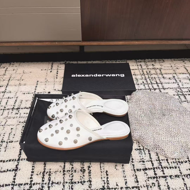 RHODES STUDDED FLAT MULE IN WHITE CALFSKIN