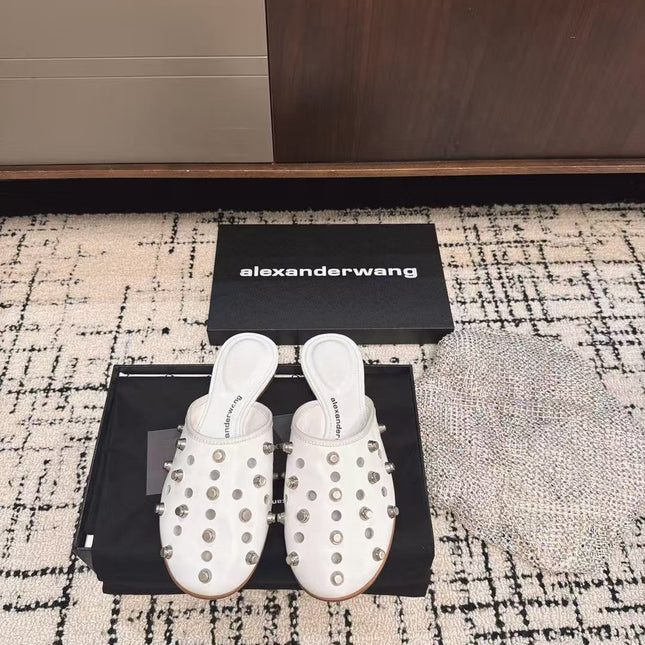 RHODES STUDDED FLAT MULE IN WHITE CALFSKIN
