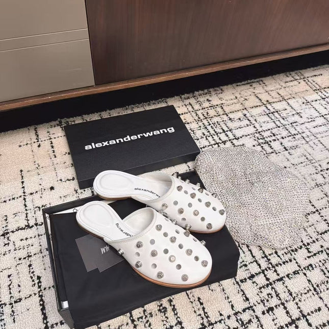 RHODES STUDDED FLAT MULE IN WHITE CALFSKIN