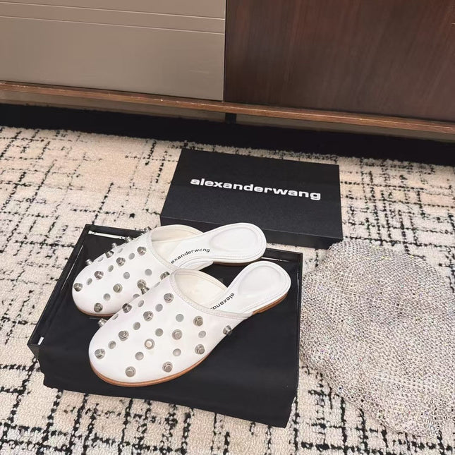 RHODES STUDDED FLAT MULE IN WHITE CALFSKIN