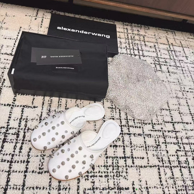 RHODES STUDDED FLAT MULE IN WHITE CALFSKIN