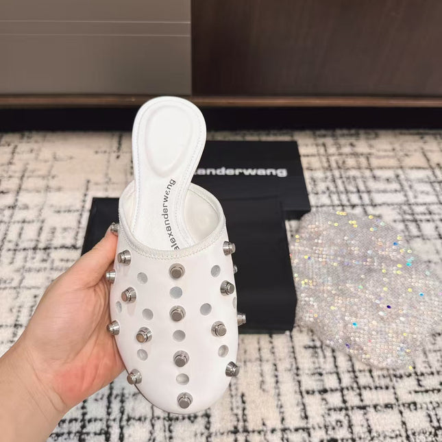 RHODES STUDDED FLAT MULE IN WHITE CALFSKIN