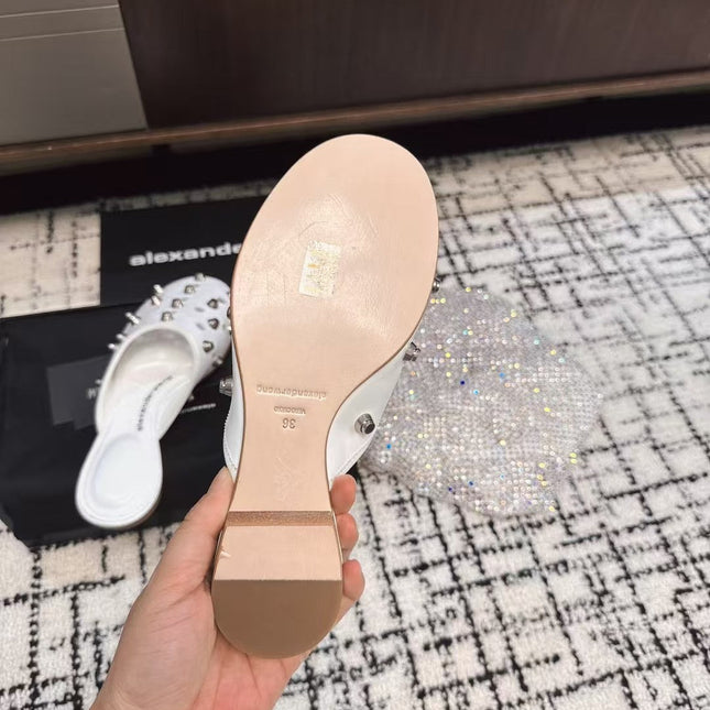 RHODES STUDDED FLAT MULE IN WHITE CALFSKIN