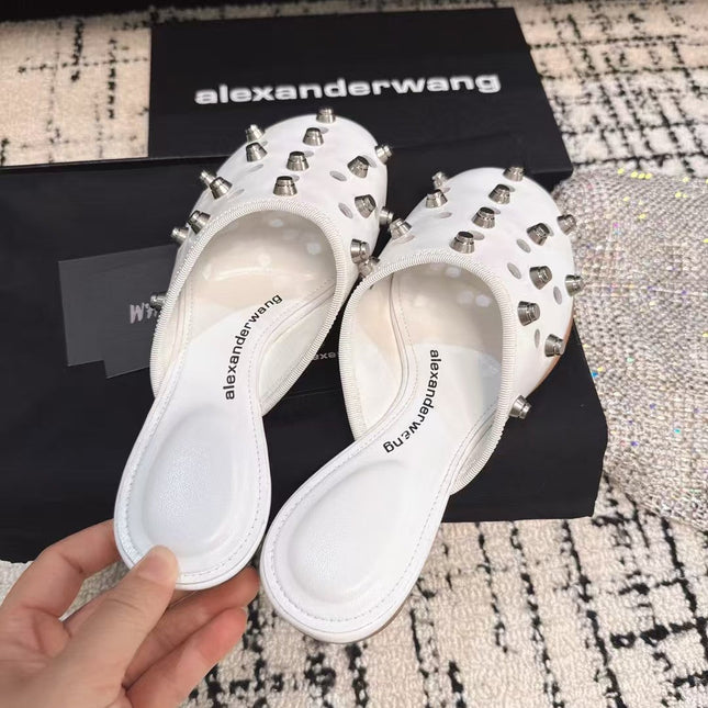 RHODES STUDDED FLAT MULE IN WHITE CALFSKIN