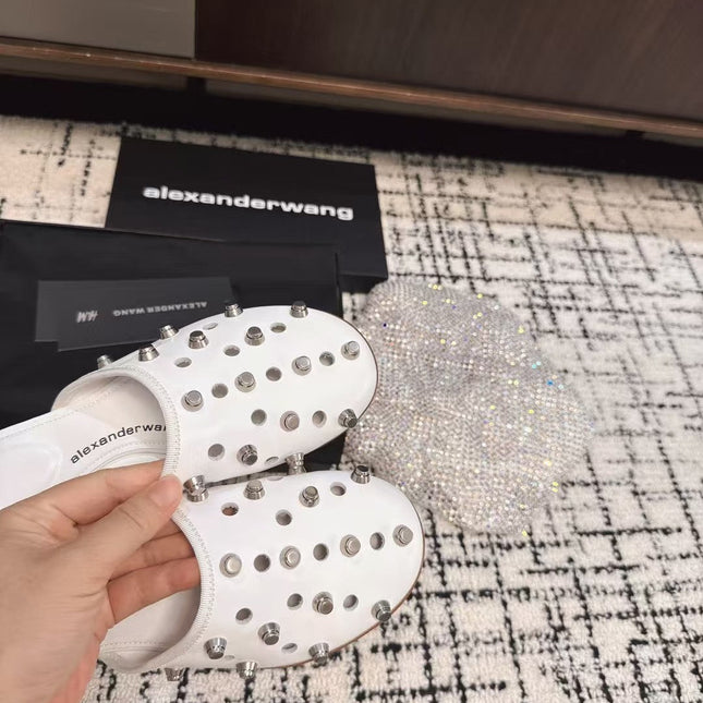 RHODES STUDDED FLAT MULE IN WHITE CALFSKIN