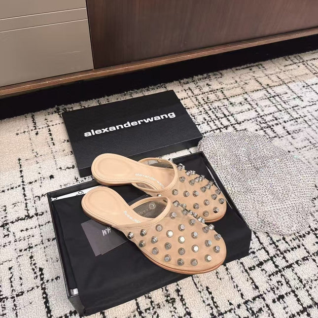 STRASS STUDDED FLAT MULE IN BEIGE MESH UPPER