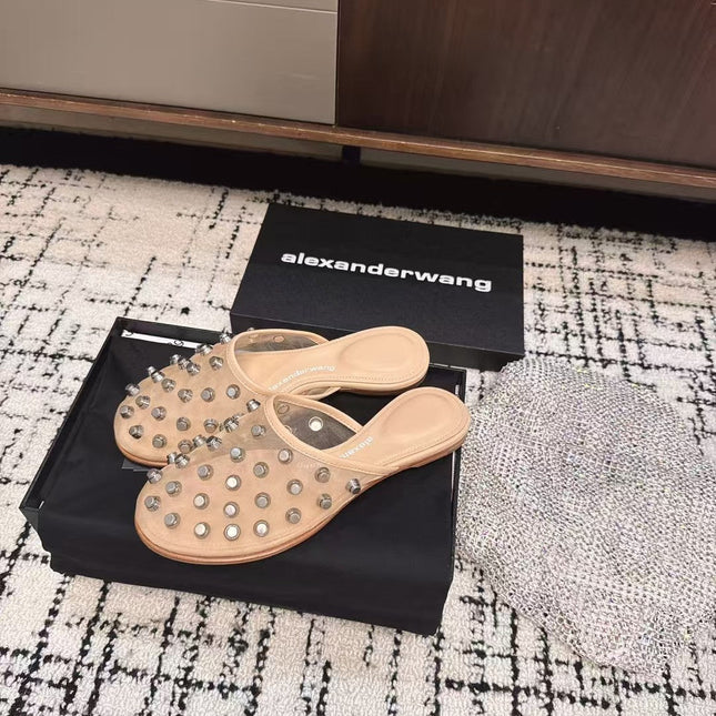 STRASS STUDDED FLAT MULE IN BEIGE MESH UPPER