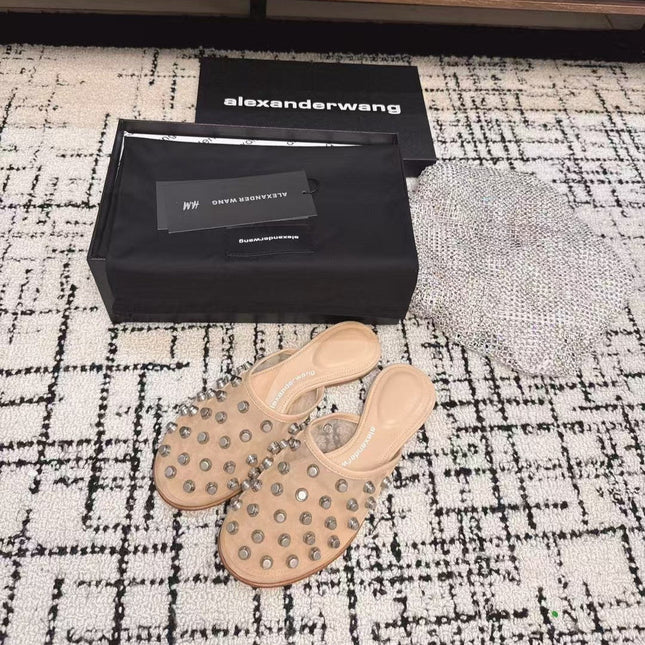 STRASS STUDDED FLAT MULE IN BEIGE MESH UPPER