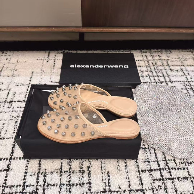 STRASS STUDDED FLAT MULE IN BEIGE MESH UPPER