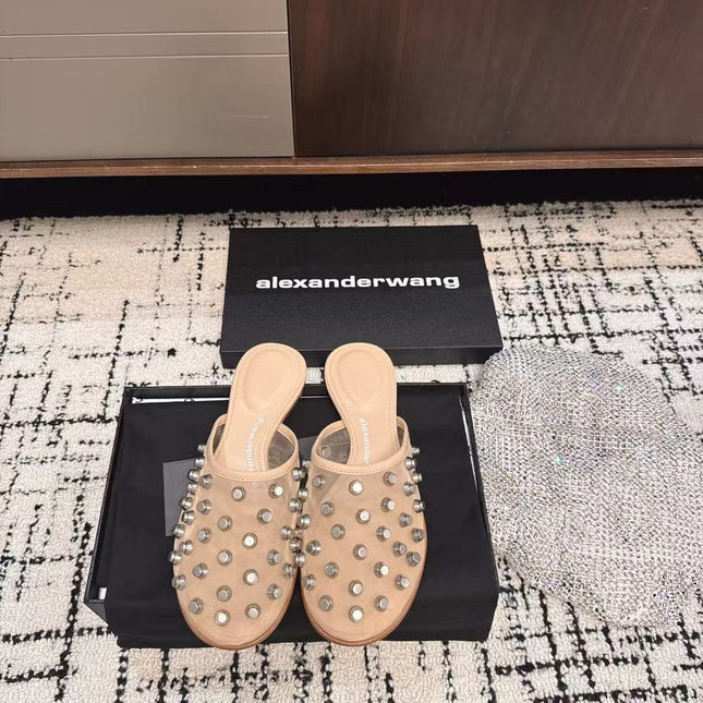 STRASS STUDDED FLAT MULE IN BEIGE MESH UPPER