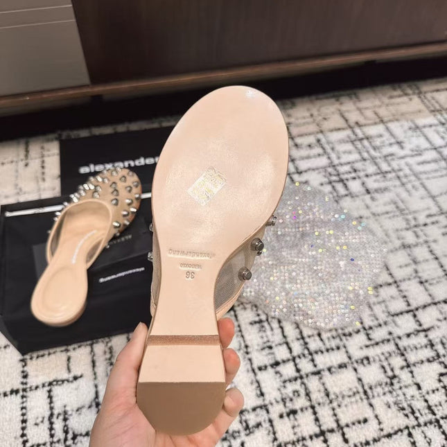 STRASS STUDDED FLAT MULE IN BEIGE MESH UPPER